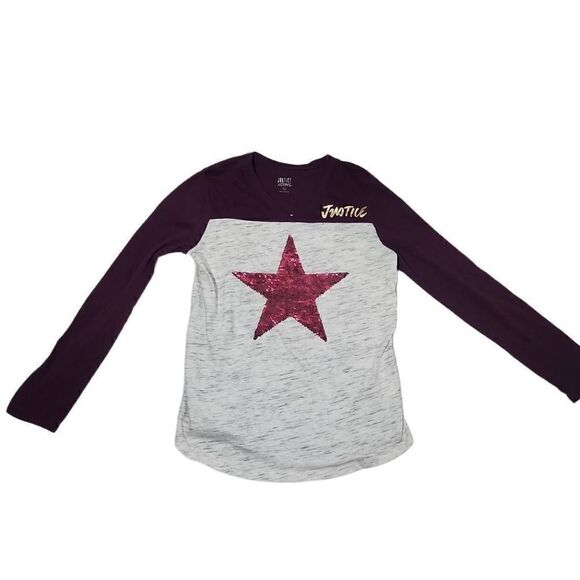 Justice Active Girls Size 10 Maroon Gray Sequin Star Long Sleeve T-shirt - Picture 1 of 4